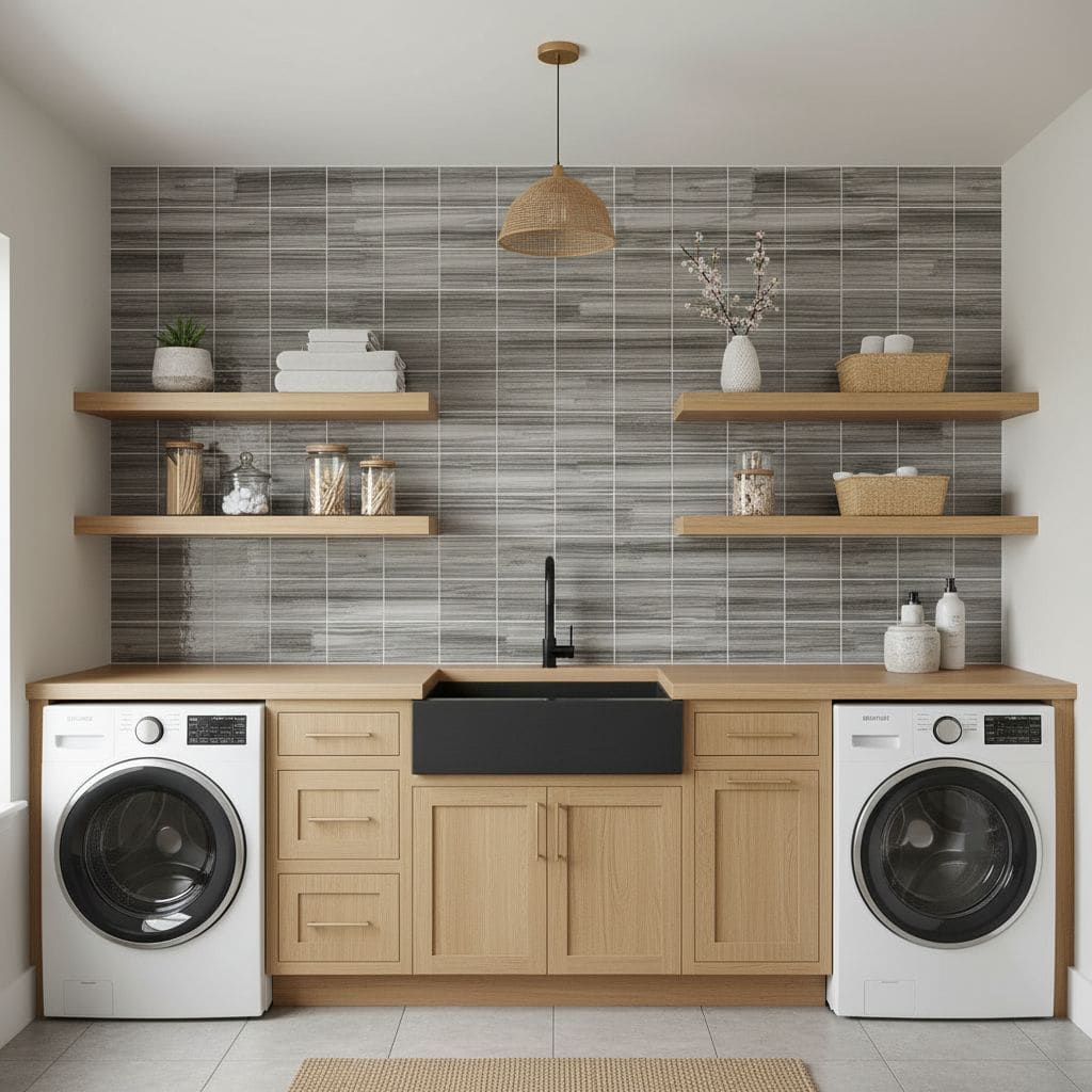 A modern laundry room featuring a stylish glass tile backsplash behind the sink, with wooden shelves and neutral decor.