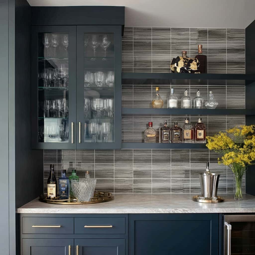 Glass tile backsplash with sleek design and dark tones.