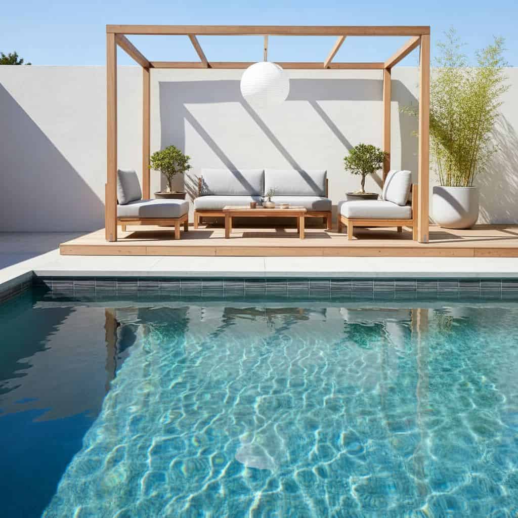 Outdoor lounge area with wooden pergola, cushions, and glass mosaic tile pool edge.