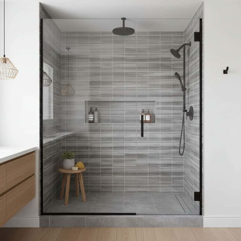 Modern gray glass mosaic tile backsplash in a sleek shower design.