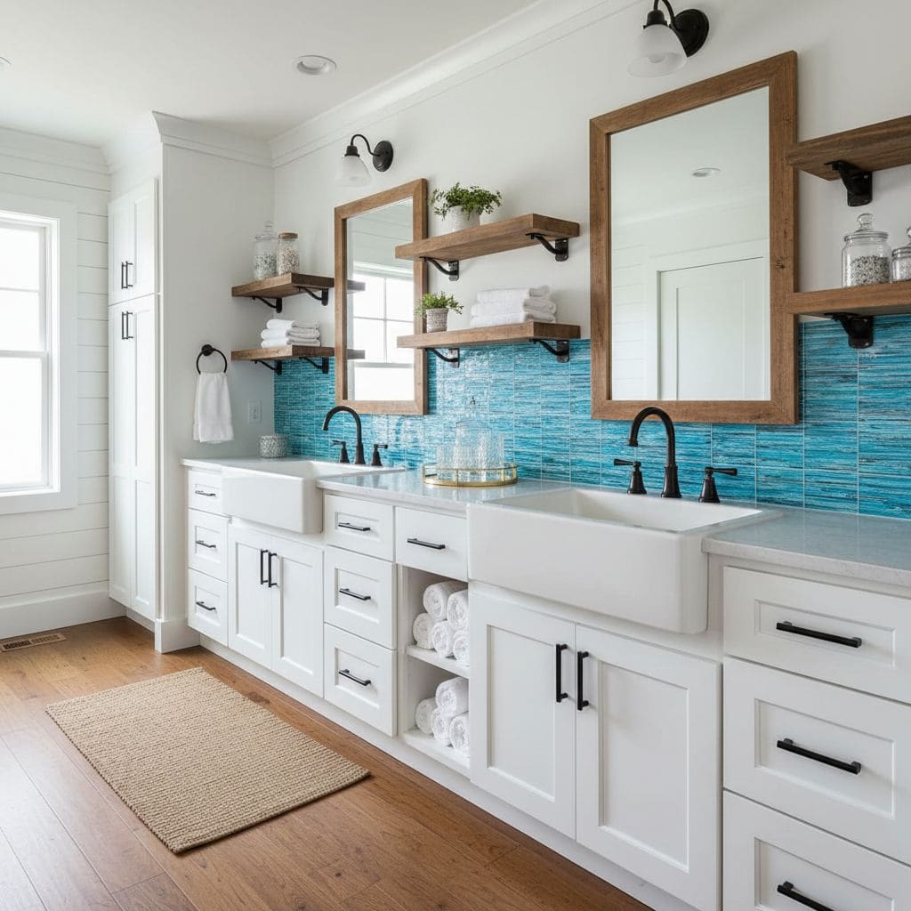 Bathroom with white cabinetry and blue glass mosaic tile backsplash behind sinks.