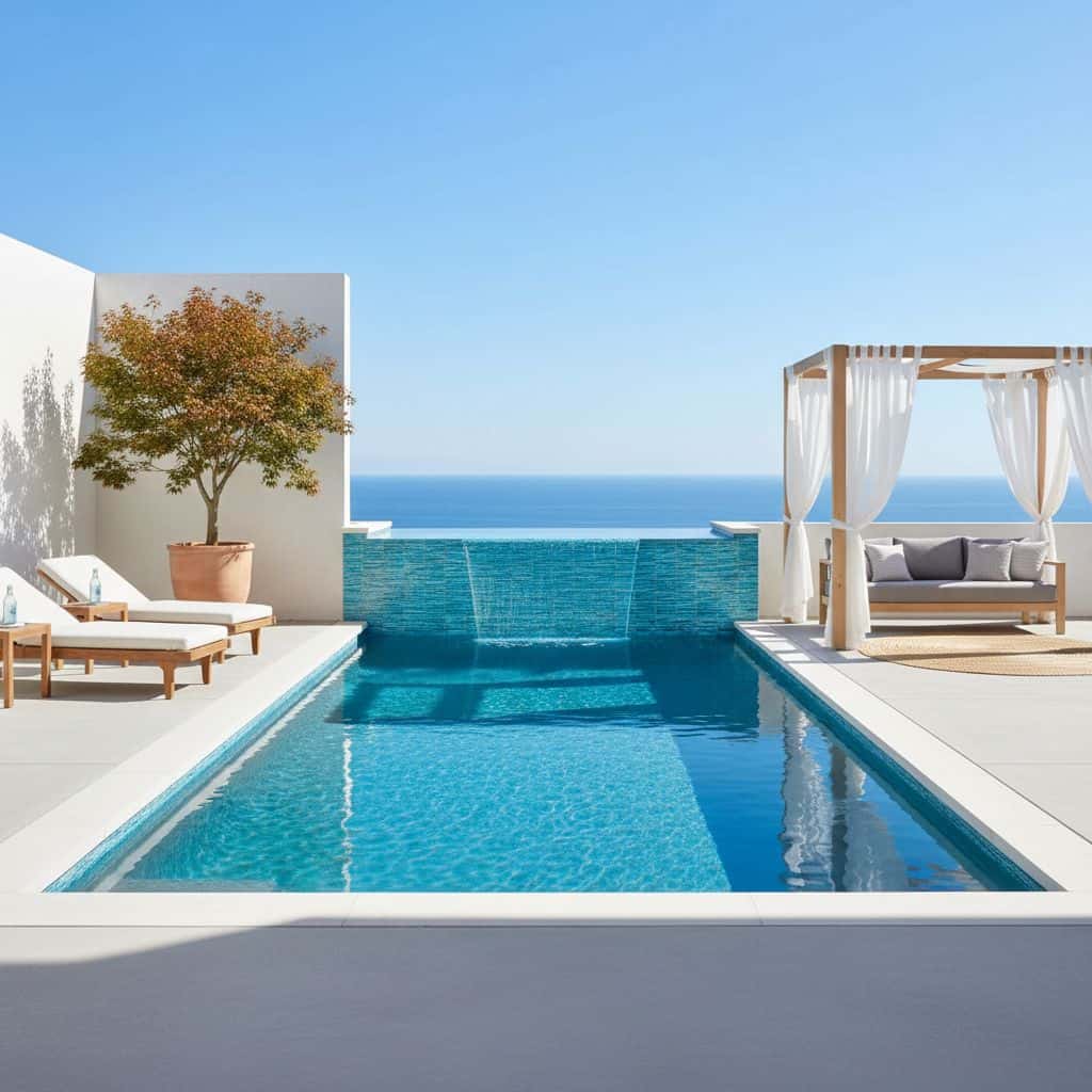 A modern outdoor pool area featuring glass tile backsplash, mosaic tiles, and a relaxing cabana with sea in the background.
