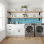 Laundry room featuring a glass mosaic tile backsplash behind a white sink and shelves.
