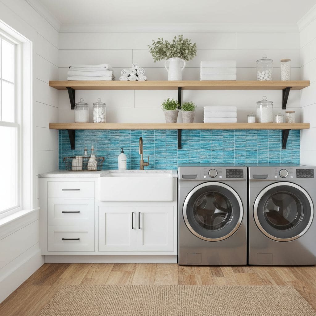 Laundry room featuring a glass mosaic tile backsplash behind a white sink and shelves.