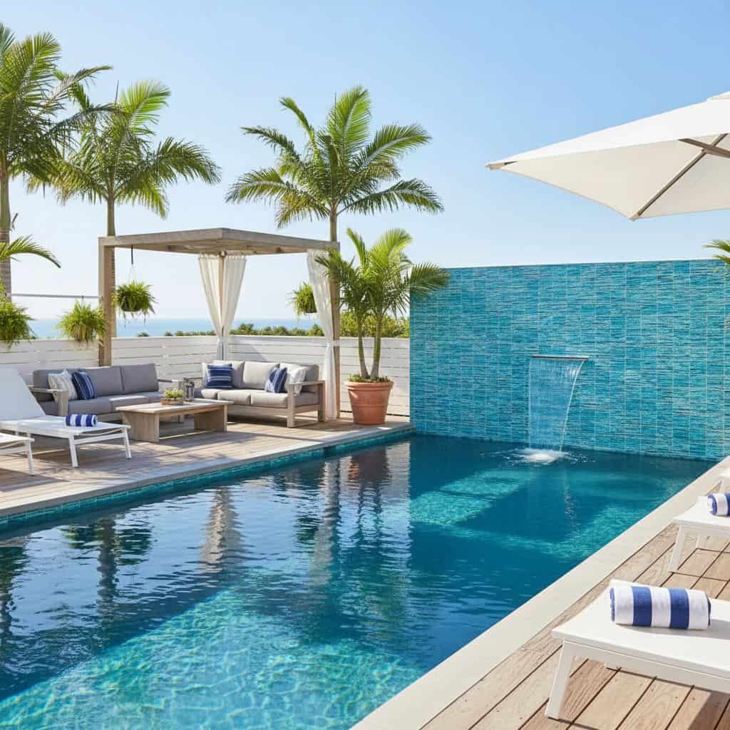 Poolside glass mosaic tile backsplash with water feature.