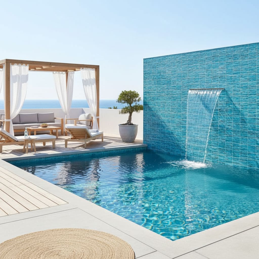 Outdoor pool featuring a striking blue glass tile backsplash and waterfall feature, perfect for relaxing by the sea.