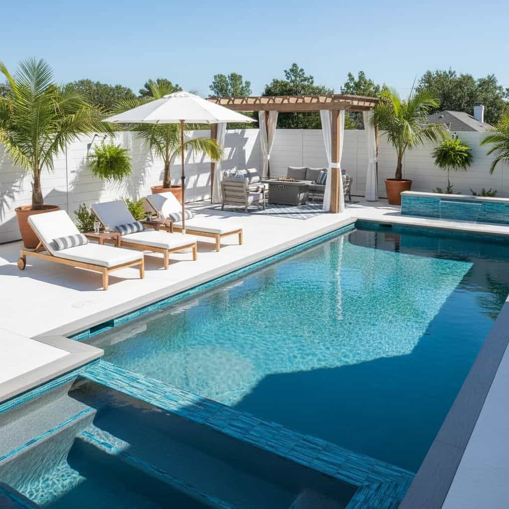 Luxurious outdoor pool area featuring glass tile backsplash and mosaic details, surrounded by tropical plants and comfortable.