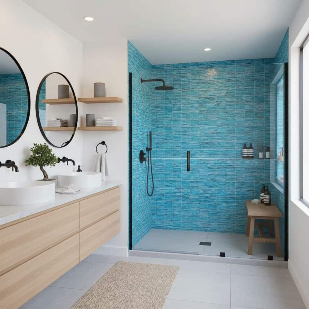 Blue glass tile backsplash in contemporary bathroom with walk-in shower and natural light.