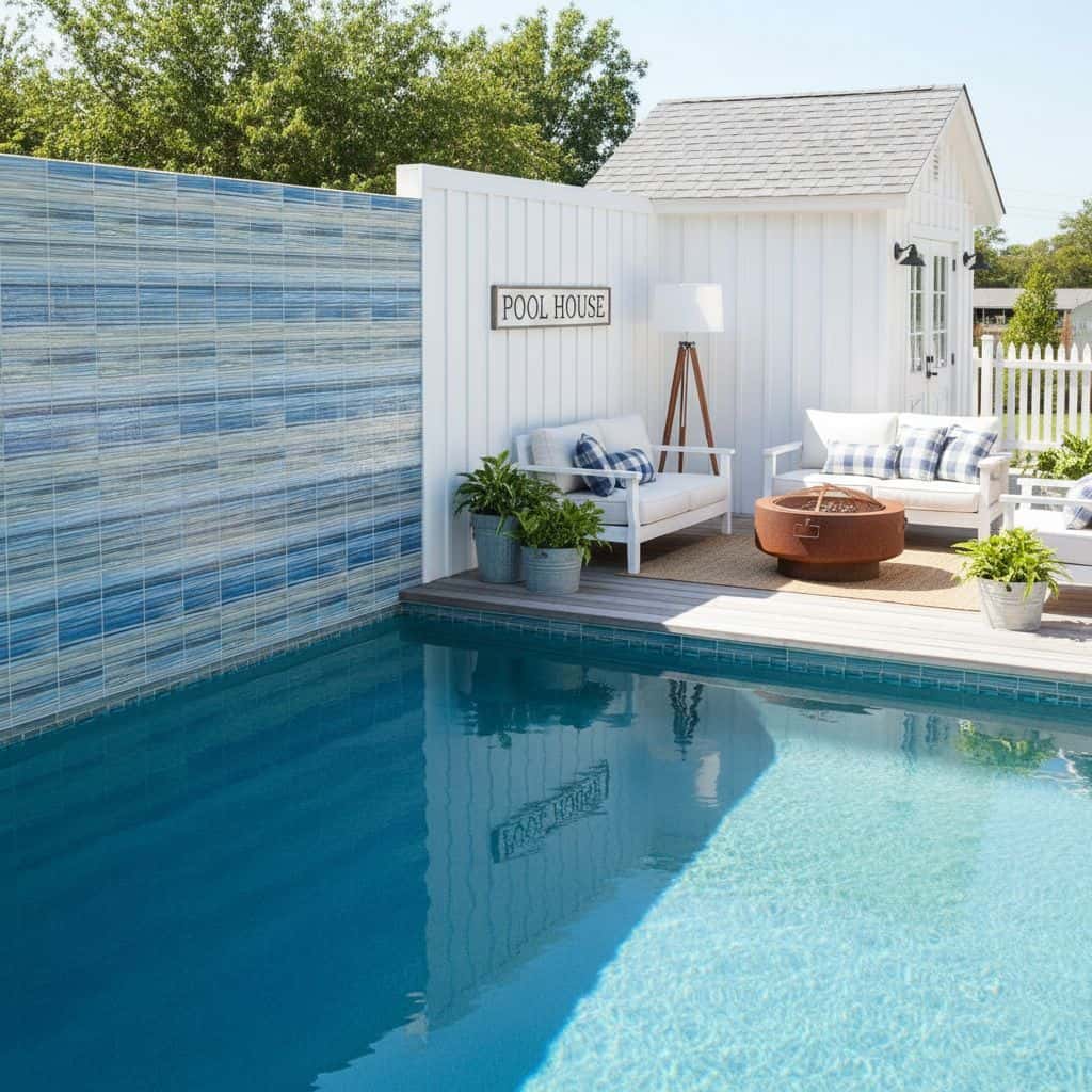 Outdoor pool with glass mosaic tile wall and cozy patio furniture setup.