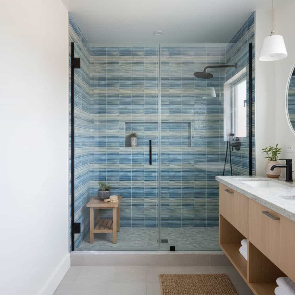 Glass tile backsplash in a modern bathroom shower.