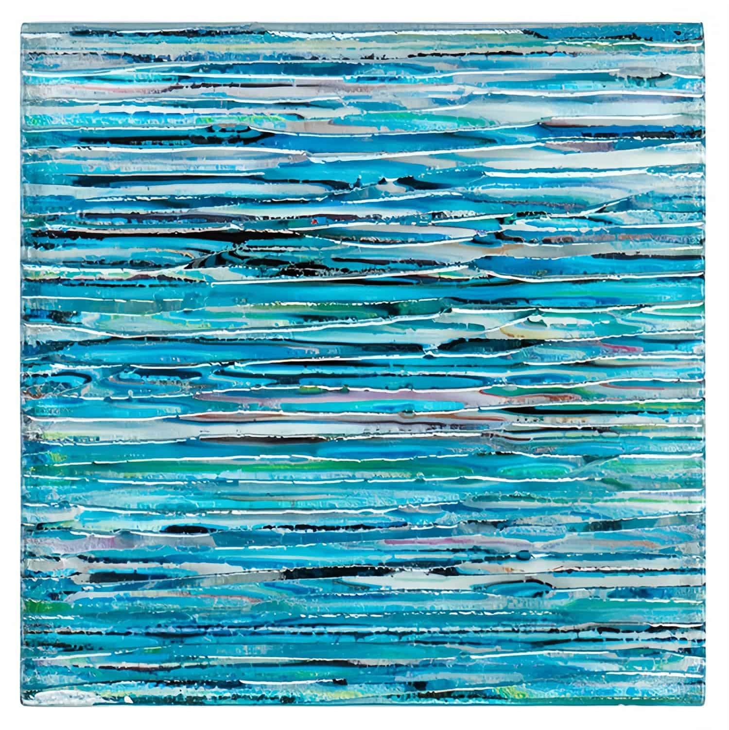 A vibrant blue glass mosaic tile backsplash ideal for pools and bathrooms, featuring textured, layered glass tiles in various.