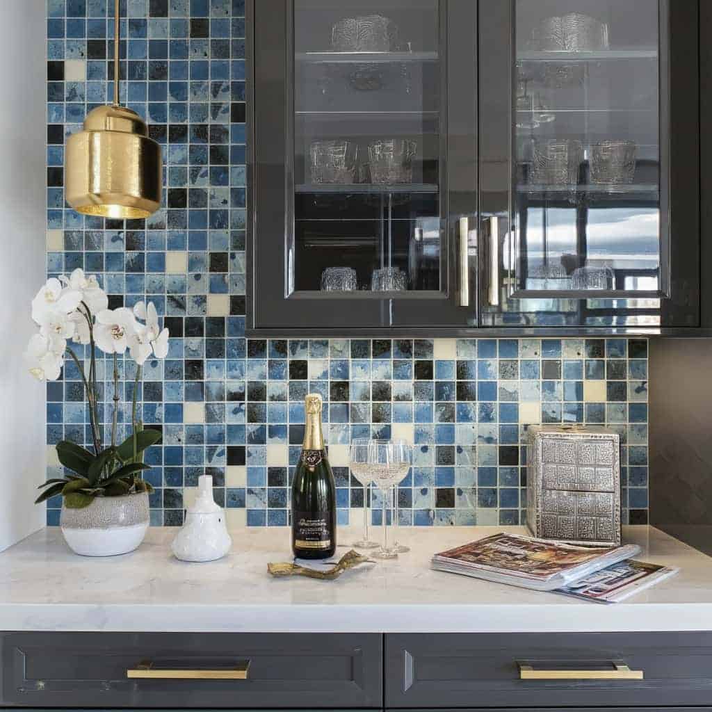 Blue glass tile backsplash in modern kitchen with decorative items and cabinetry.