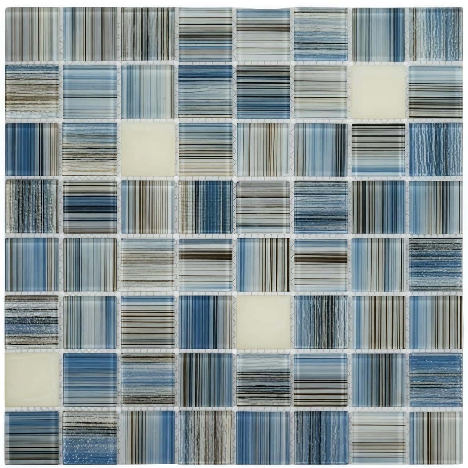 Up of a glass mosaic tile pattern featuring blue, white, and beige stripes, ideal for backsplashes, pools, and modern interio.