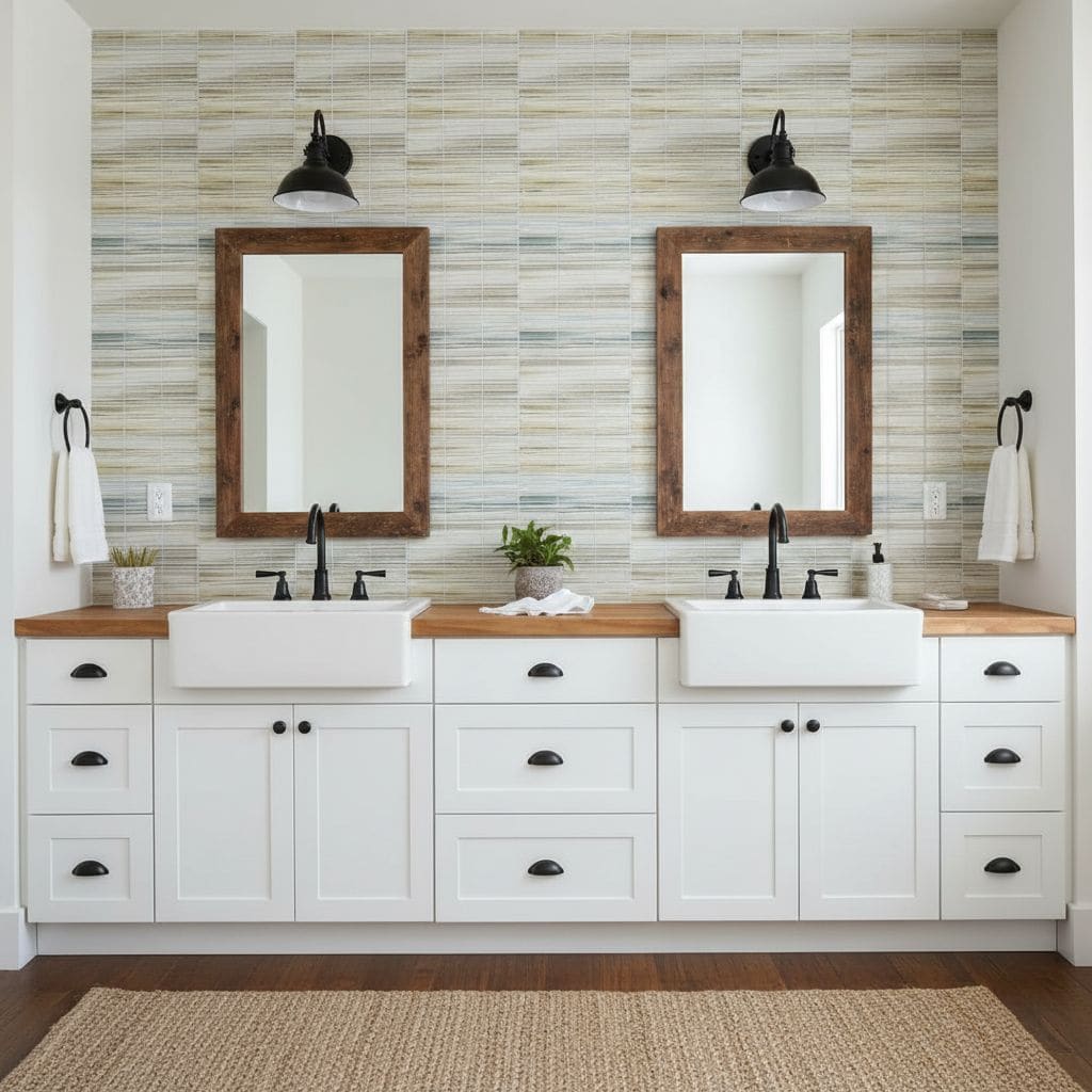 Bathroom vanity with double sinks, wooden framed mirrors, and glass mosaic backsplash tiles.