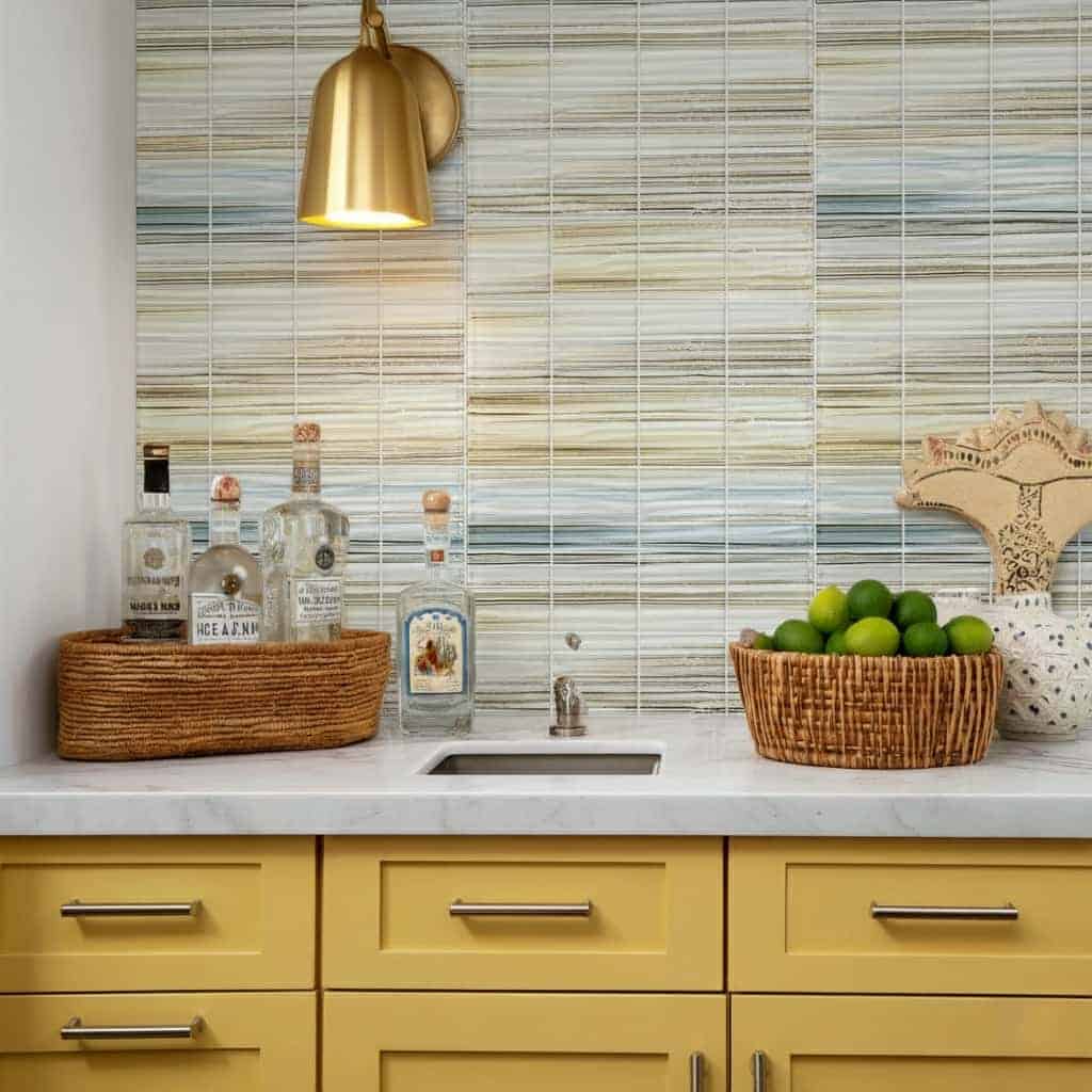 Modern kitchen with colorful glass tile backsplash, yellow cabinets, and decorative items.