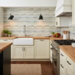 Bright kitchen featuring a glass tile backsplash behind the sink and stove.
