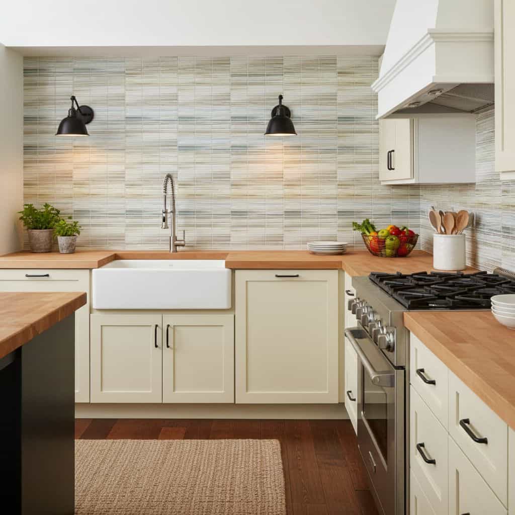 Bright kitchen featuring a glass tile backsplash behind the sink and stove.