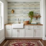 Modern kitchen with a glass tile backsplash, white cabinetry, and wooden countertop. Decor includes a potted plant, basket, a.