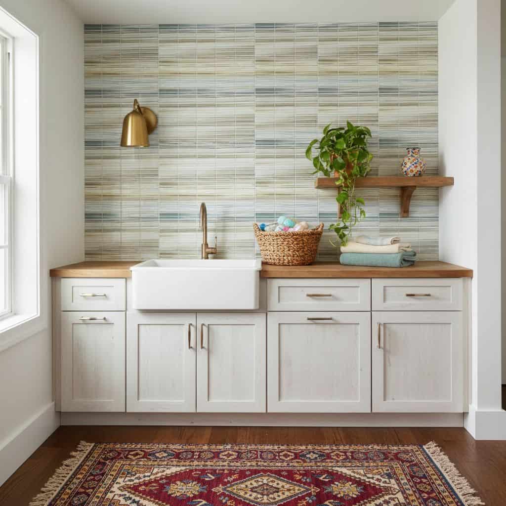 Modern kitchen with a glass tile backsplash, white cabinetry, and wooden countertop. Decor includes a potted plant, basket, a.