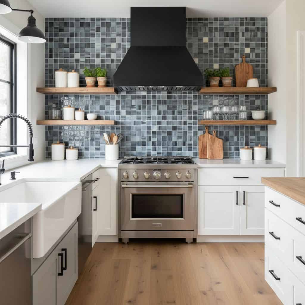 Bright kitchen with blue glass tile backsplash and open wooden shelves.