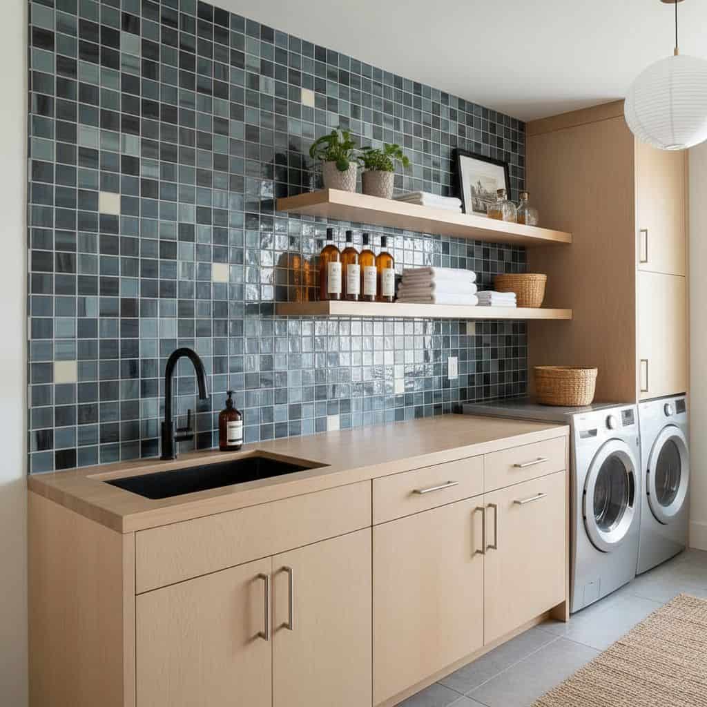 Glass tile backsplash with blue and gray mosaic tiles behind laundry area.