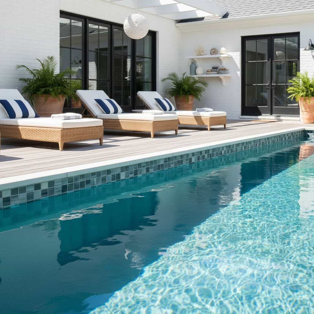 Bright outdoor pool area featuring glass mosaic tile accents and stylish lounge chairs.
