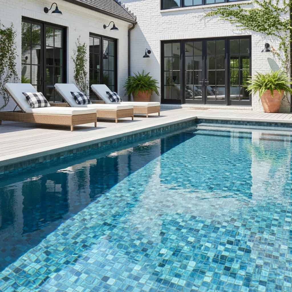 A beautiful outdoor pool area featuring glass tile mosaic for a sleek, reflective surface.