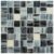 Glass tile backsplash, mosaic tiles, and pool tiles in shades of black, gray, and cream.