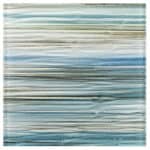 Up of a glass mosaic tile with horizontal stripes in blue, beige, and gray, ideal for backsplashes, pools, and modern interio.