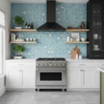 Glass tile backsplash in a contemporary kitchen with open shelving and stainless steel appliances.