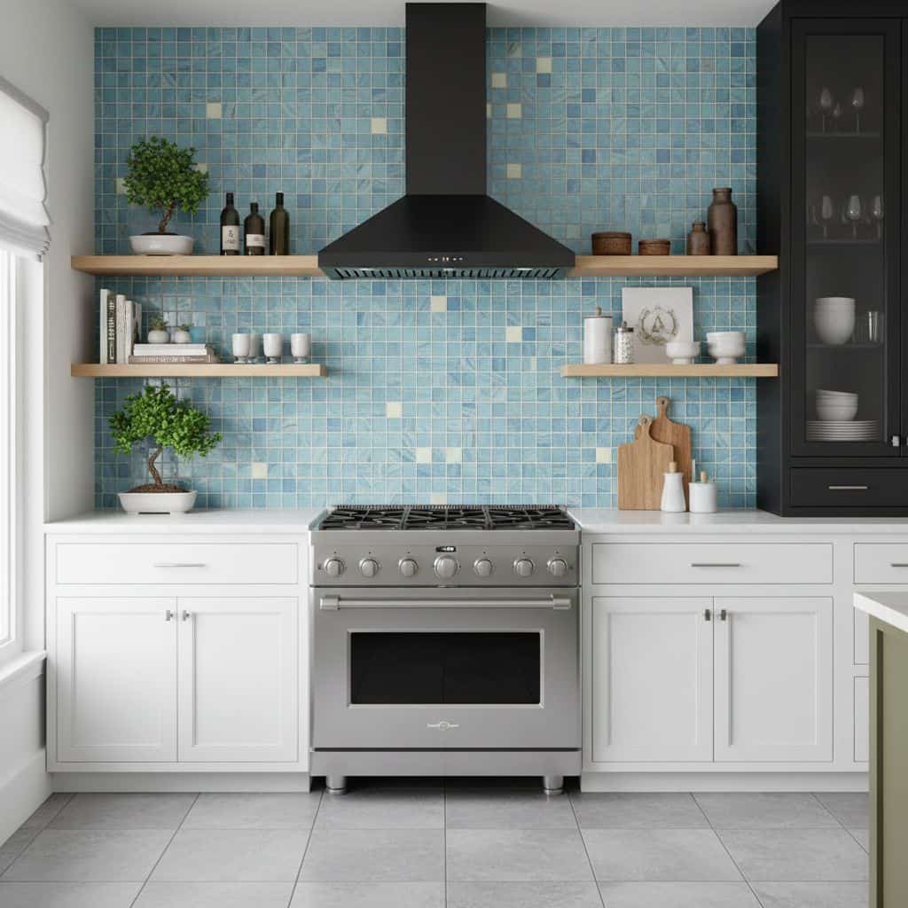 Glass tile backsplash in a contemporary kitchen with open shelving and stainless steel appliances.