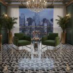 Elegant living room with geometric patterned black and white floor tiles, green armchairs, and a city skyline view through la.