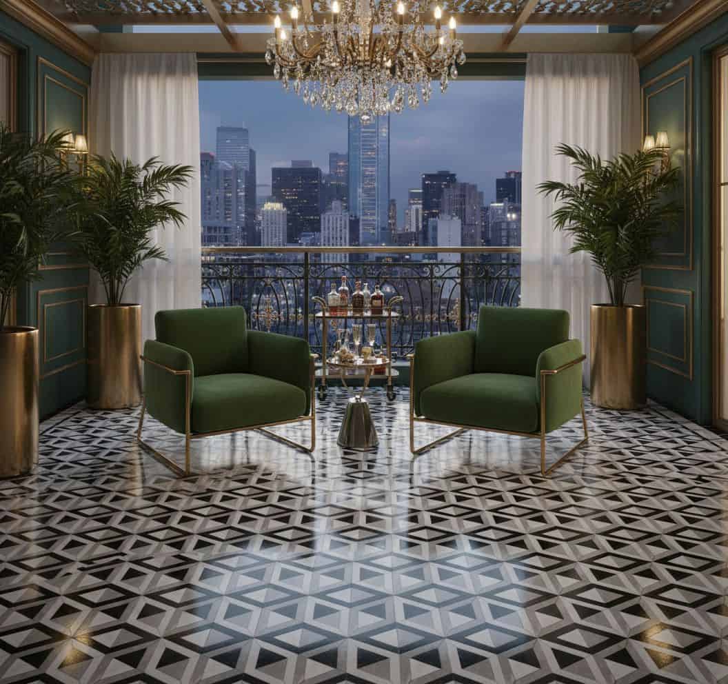 Elegant living room with geometric patterned black and white floor tiles, green armchairs, and a city skyline view through la.