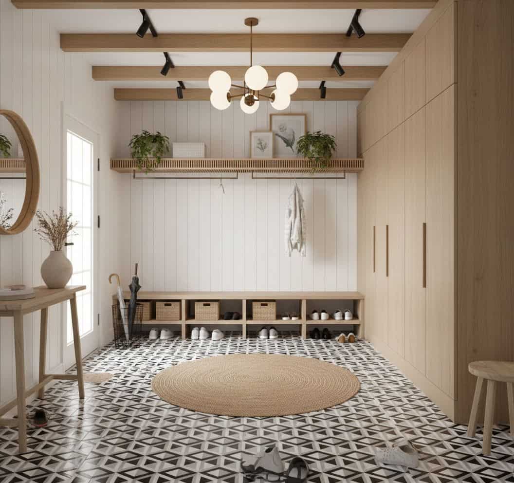 Bright entryway with patterned black and white tiles, wooden accents, and minimalist decor.