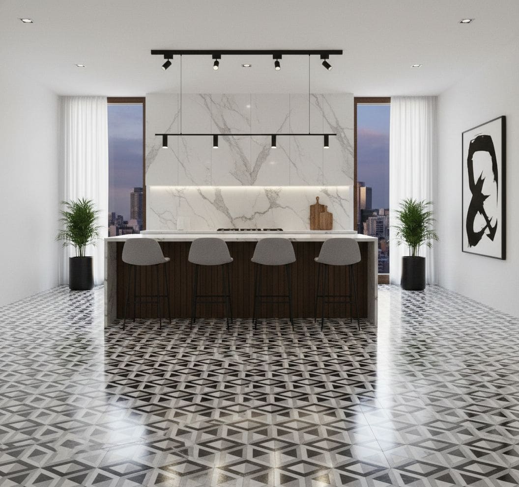 White marble backsplash with gray veining, smooth polished surface, in a contemporary kitchen setting.
