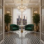 Bright living room featuring black and white geometric patterned tiles, lush green armchairs, and a stunning city skyline bac.
