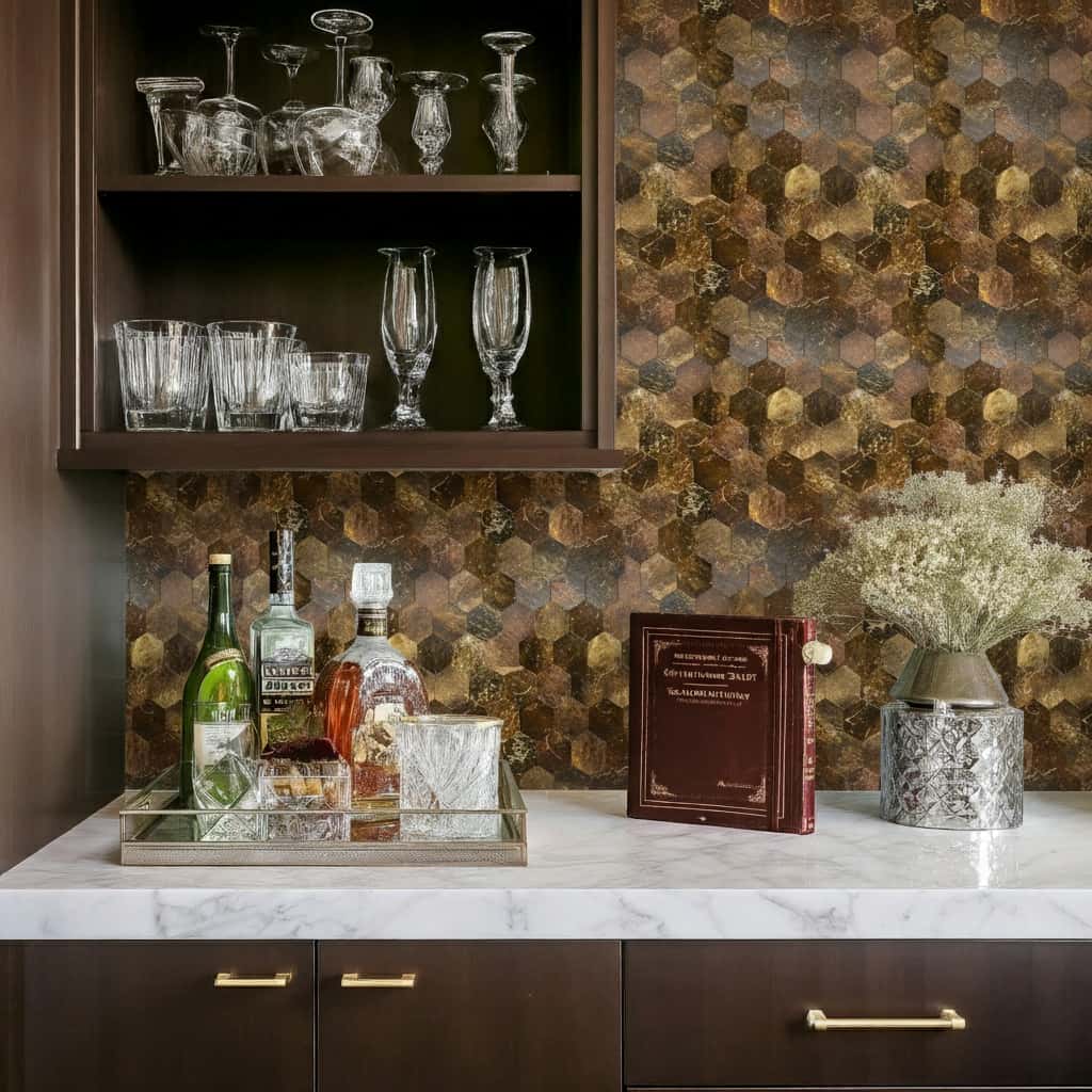 Modern kitchen wall with peel and stick tile backsplash in hexagonal pattern.