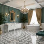 A spacious bathroom featuring a black and white patterned tile floor, teal walls, gold accents, and a classic white bathtub.