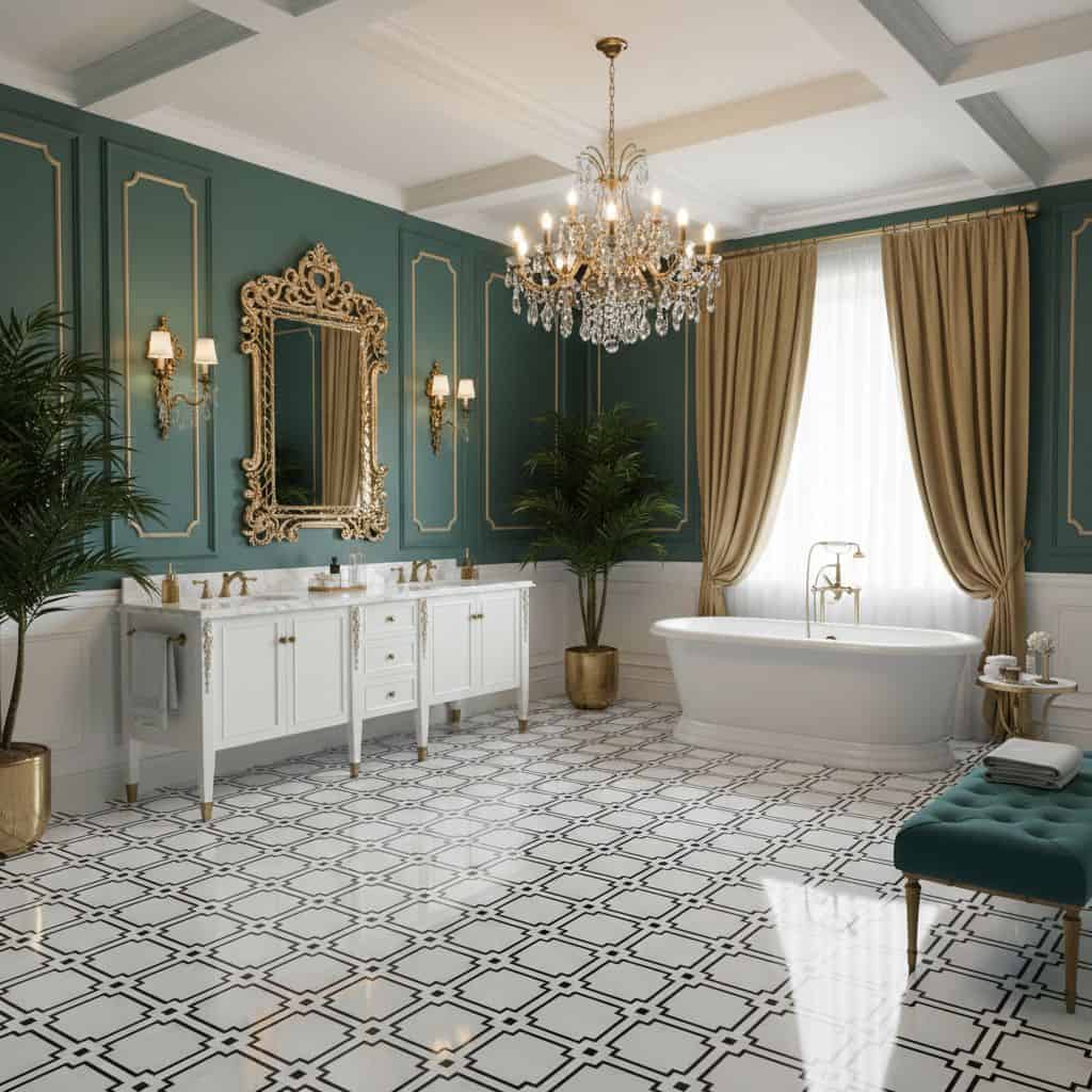 A spacious bathroom featuring a black and white patterned tile floor, teal walls, gold accents, and a classic white bathtub.