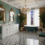 Elegant bathroom with blue bathtub, gold fixtures, and patterned black-and-white tile floor.