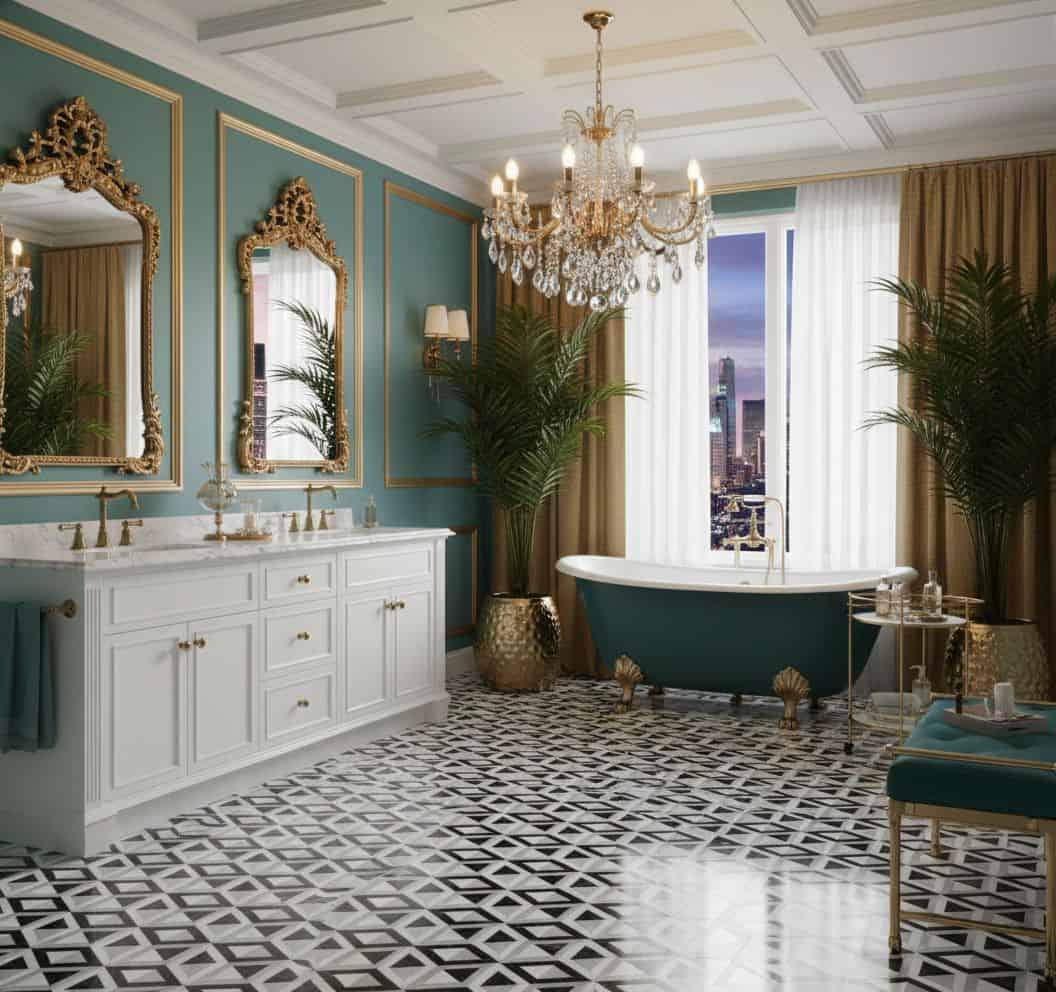 Elegant bathroom with blue bathtub, gold fixtures, and patterned black-and-white tile floor.
