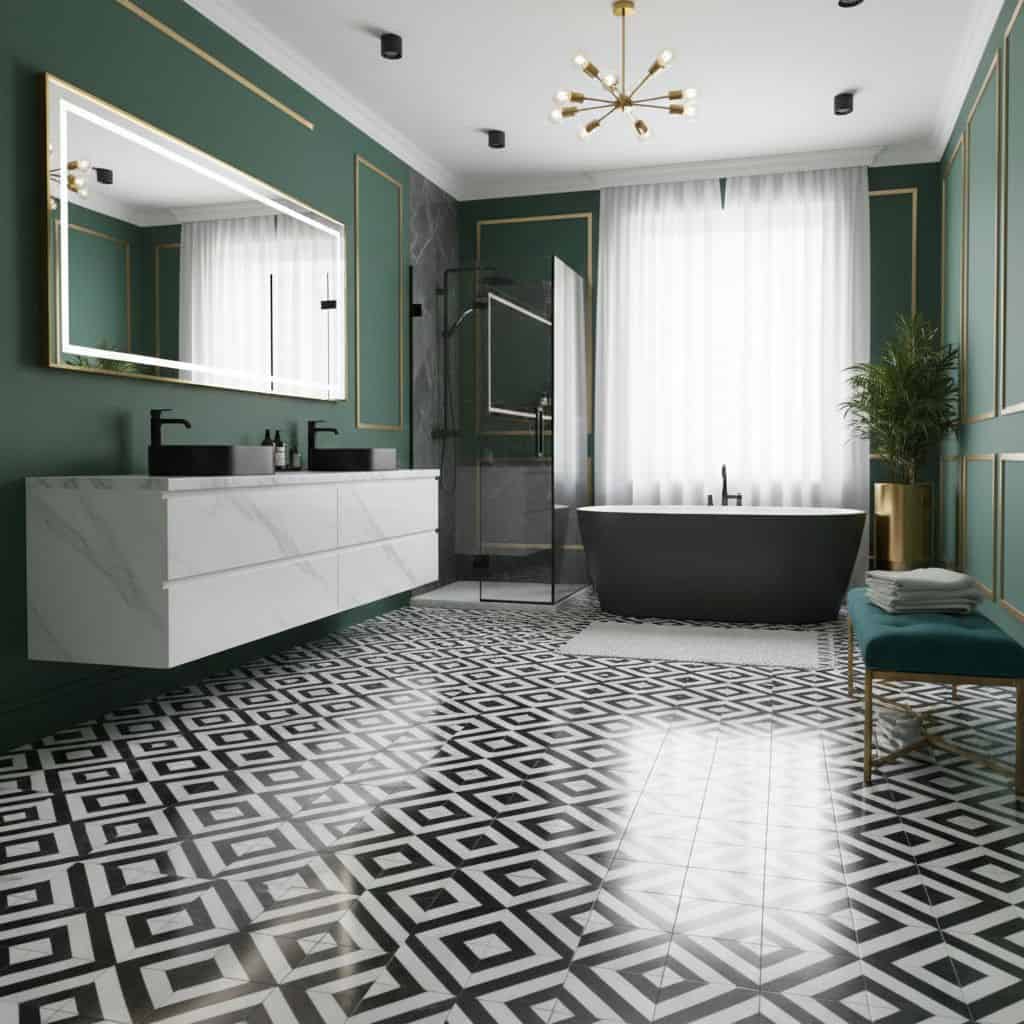 Bright bathroom featuring a green wall, black freestanding bathtub, and black-and-white patterned tile floor. Elegant and con.