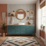 Modern bathroom with peel and stick tile backsplash, teal vanity, round mirror, and natural light.