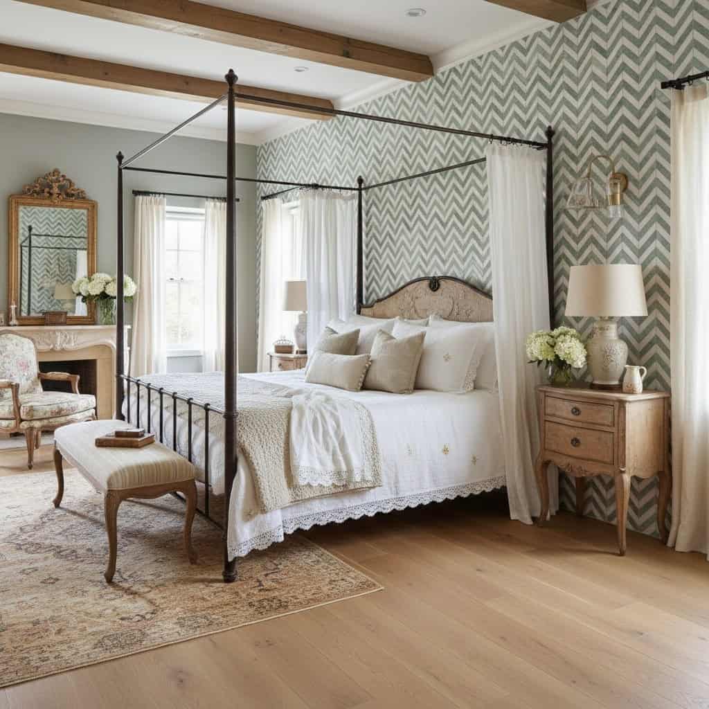 Elegant bedroom with classic four-poster bed, soft neutral tones, and vintage furniture.