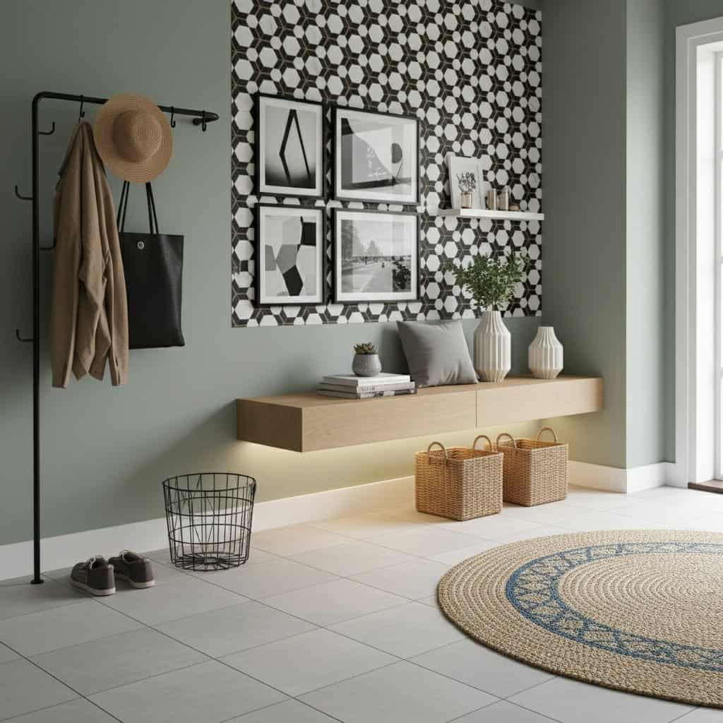Bright, textured black and white geometric patterned tile wall.
