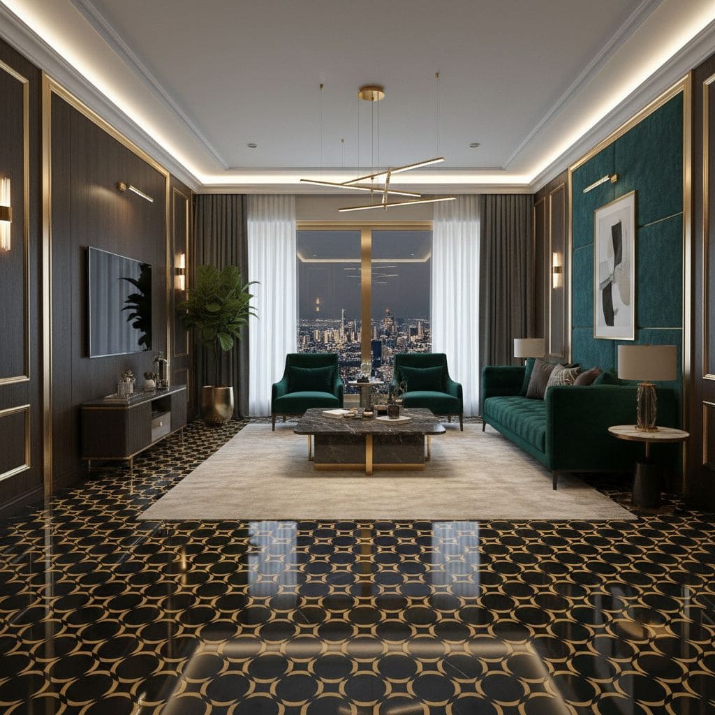 Elegant living room with dark green velvet sofas, gold decor, and city view.