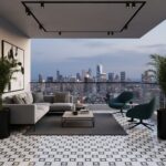 City skyline view from a balcony with patterned tile flooring, modern furniture, and greenery.
