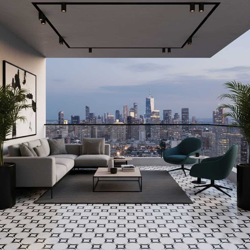 City skyline view from a balcony with patterned tile flooring, modern furniture, and greenery.