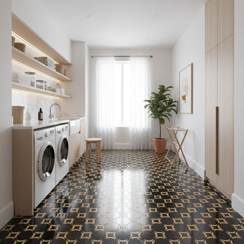 Bright laundry room with black and gold patterned hexagon tiles, white walls, and natural light from large window.
