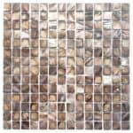 Up of a mosaic tile composed of mother of pearl shells, showcasing iridescent, natural shell patterns in a grid layout.